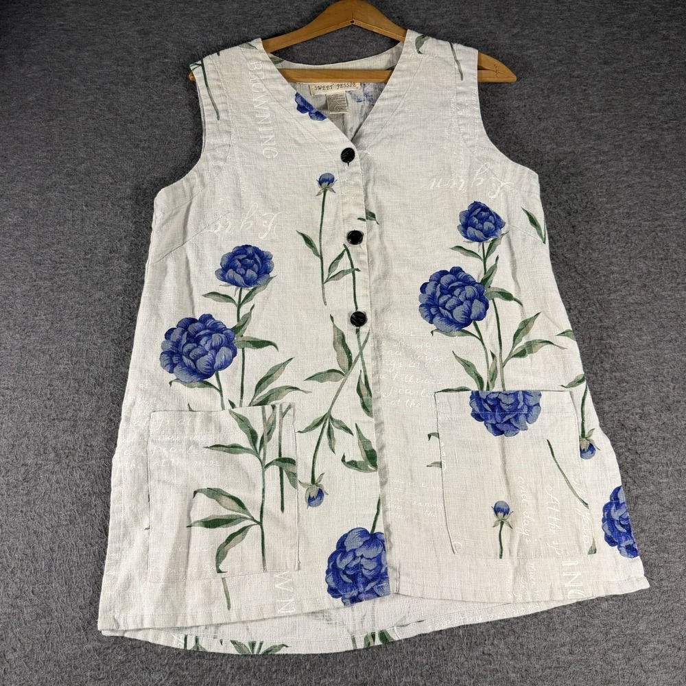 Vintage Sweet Jessie 100% Floral Linen Artsy Coastal Button Up Top M Lagenlook